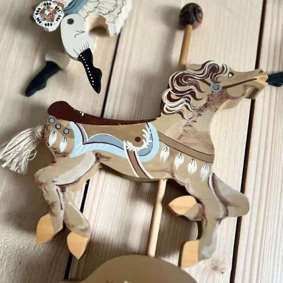 Vintage Signed Folk Art Hand Painted Carved Wooden Carousel Horse Jig Saw Puzzle - Picture 3 of 12
